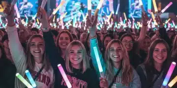 K-Pop Fandom Budget: Smart Spending Guide 2026 K-Pop fans enjoying a concert with lightsticks, illustrating smart fandom budgeting.