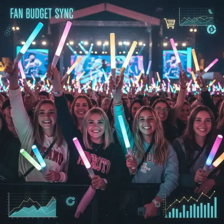 K-Pop fans enjoying a concert with lightsticks, illustrating smart fandom budgeting.