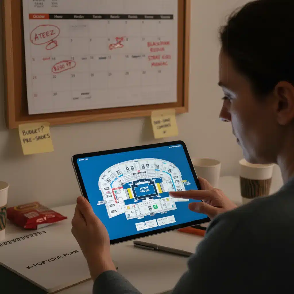Person planning K-Pop concert tickets with a seating chart and calendar.