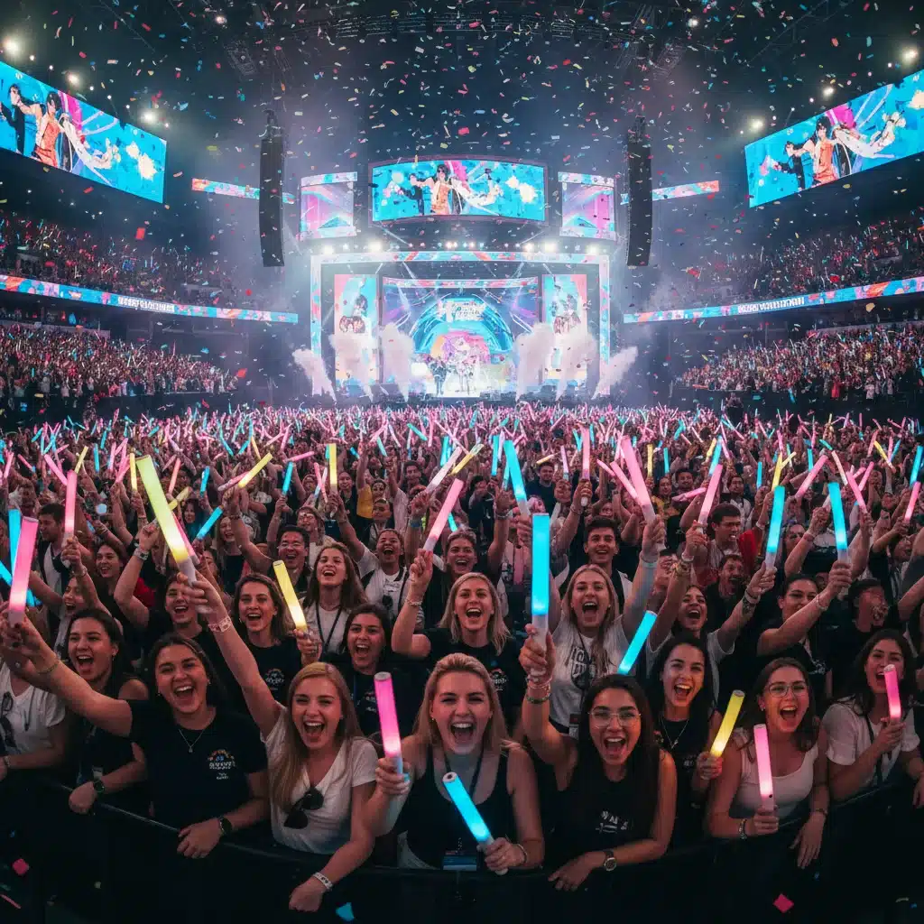 Enthusiastic K-Pop fans cheering with lightsticks at a concert