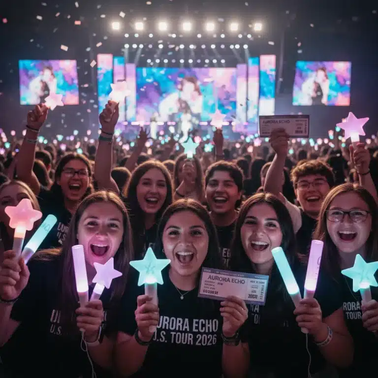 U.S. K-Pop fans celebrating with authentic concert tickets in 2026