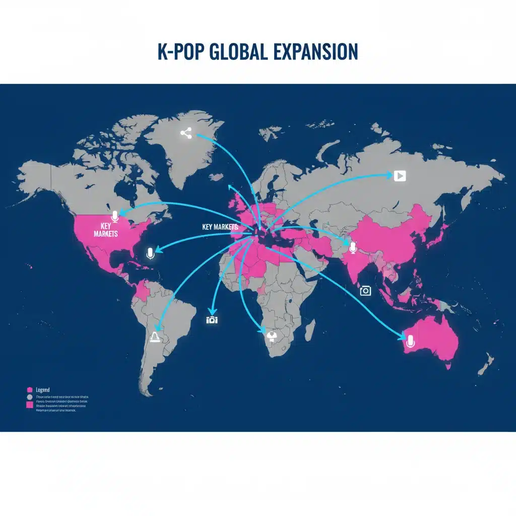 Global map illustrating K-Pop's international market reach and expansion strategies.