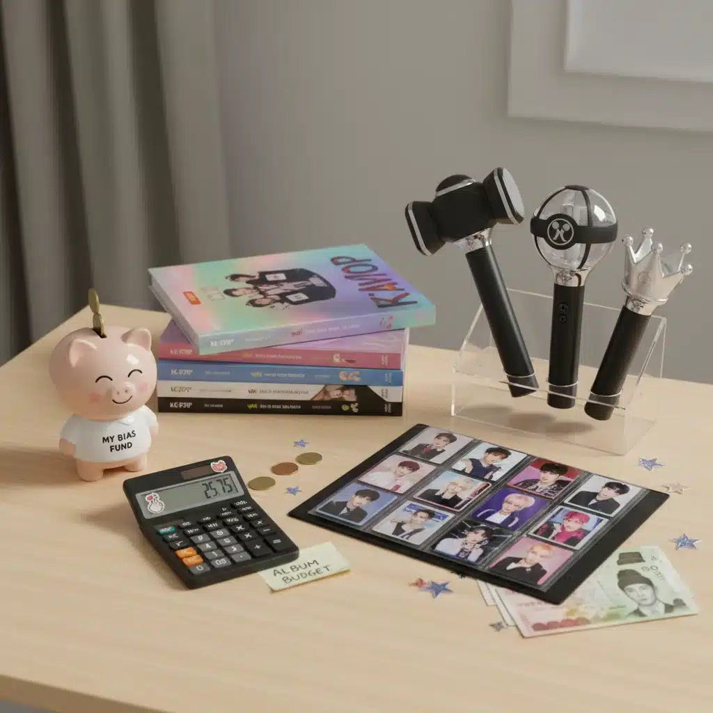 Organized K-Pop merchandise with a piggy bank, symbolizing smart spending.