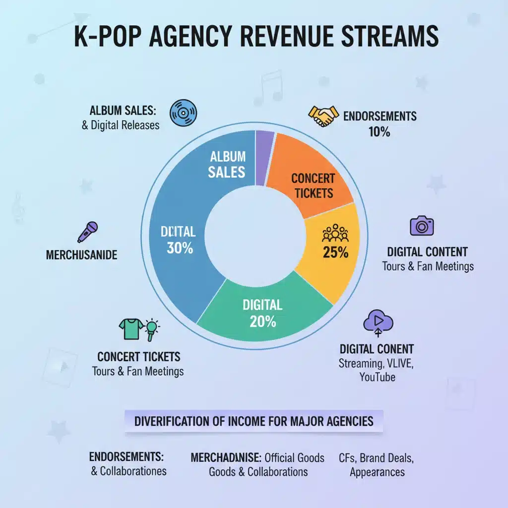 Infographic detailing K-Pop agency revenue streams like album sales, concerts, and merchandise.
