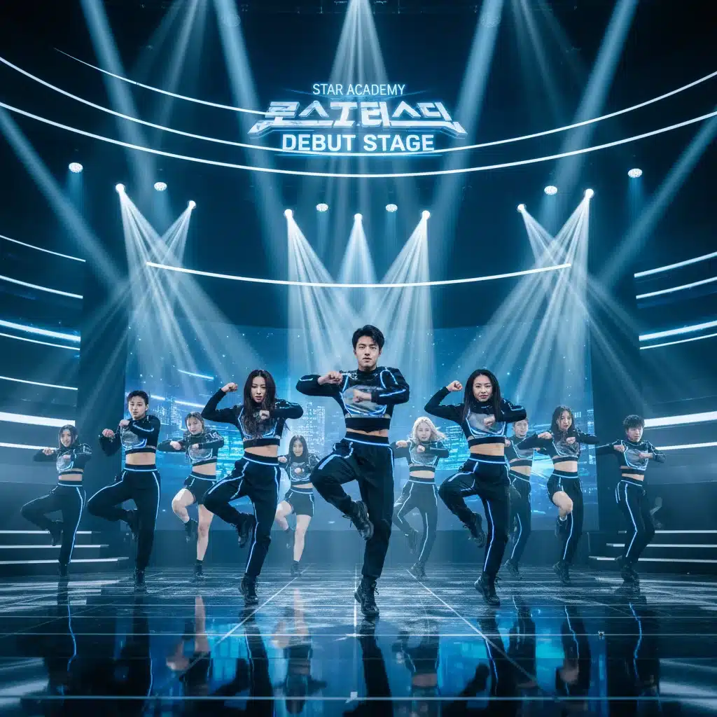 K-Pop trainees practicing intricate choreography on a modern stage