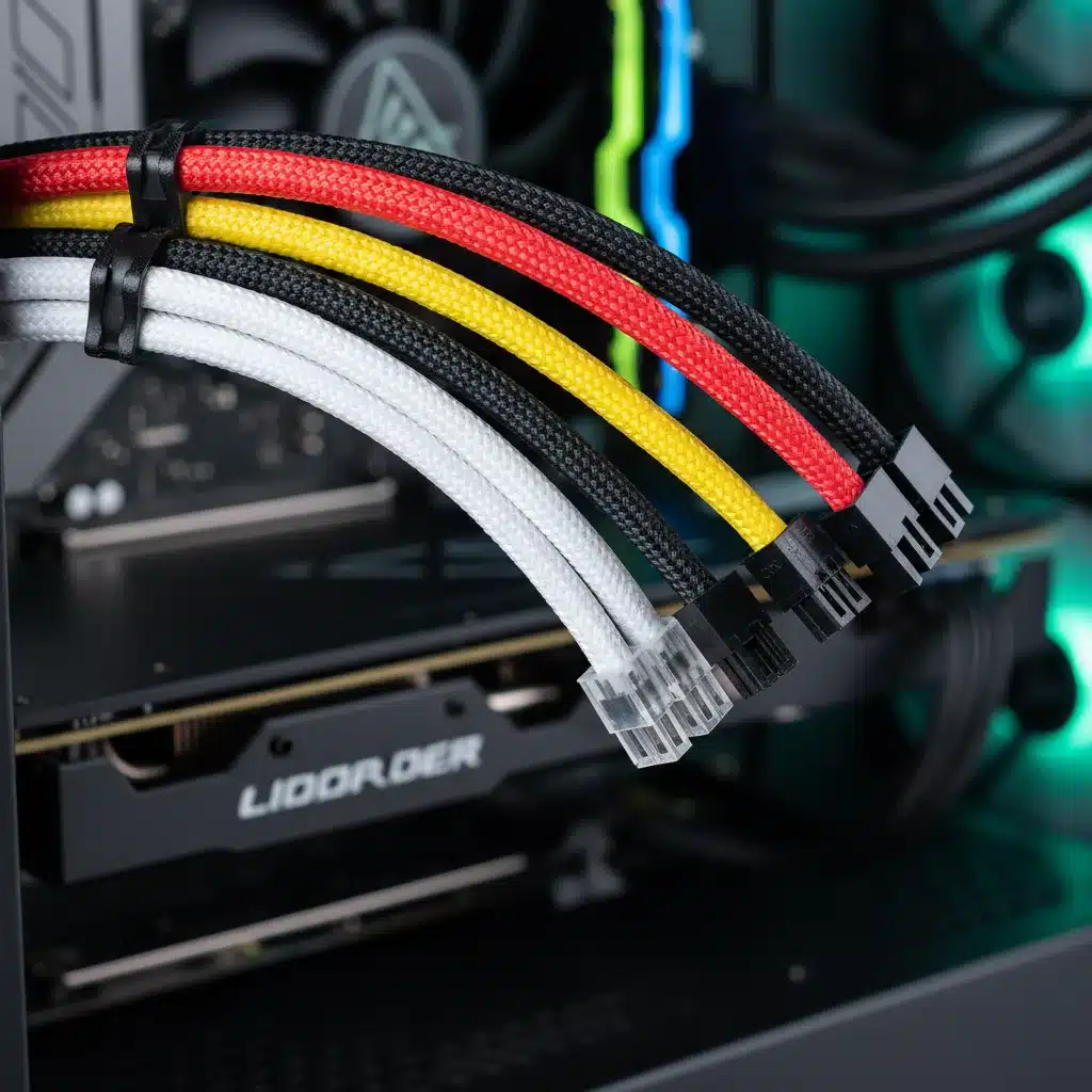 Close-up of modular power supply cables and connectors, emphasizing organized cable management for a PC.