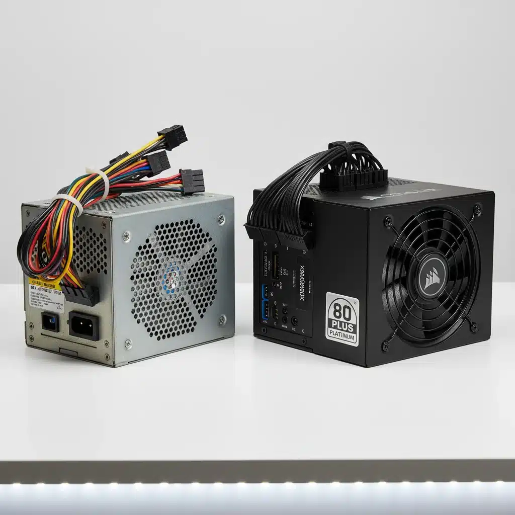 Comparison of an old inefficient power supply unit with a new 80 Plus Platinum certified PSU, highlighting efficiency upgrades.