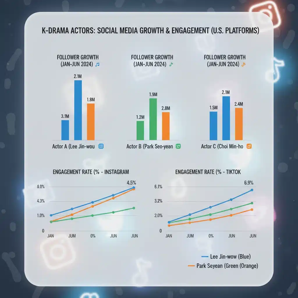 Infographic displaying comparative social media growth and engagement for three K-drama actors.