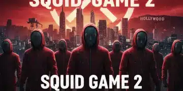 Squid Game 2: Reshaping Korean Series in the US Market 2026 Squid Game 2 promotional image showing masked figures and a tense, futuristic cityscape, symbolizing its anticipated impact on the US market by 2026.