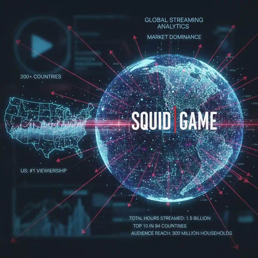 Global streaming data visualization with Squid Game logo, illustrating international viewership and market penetration, especially in the US.
