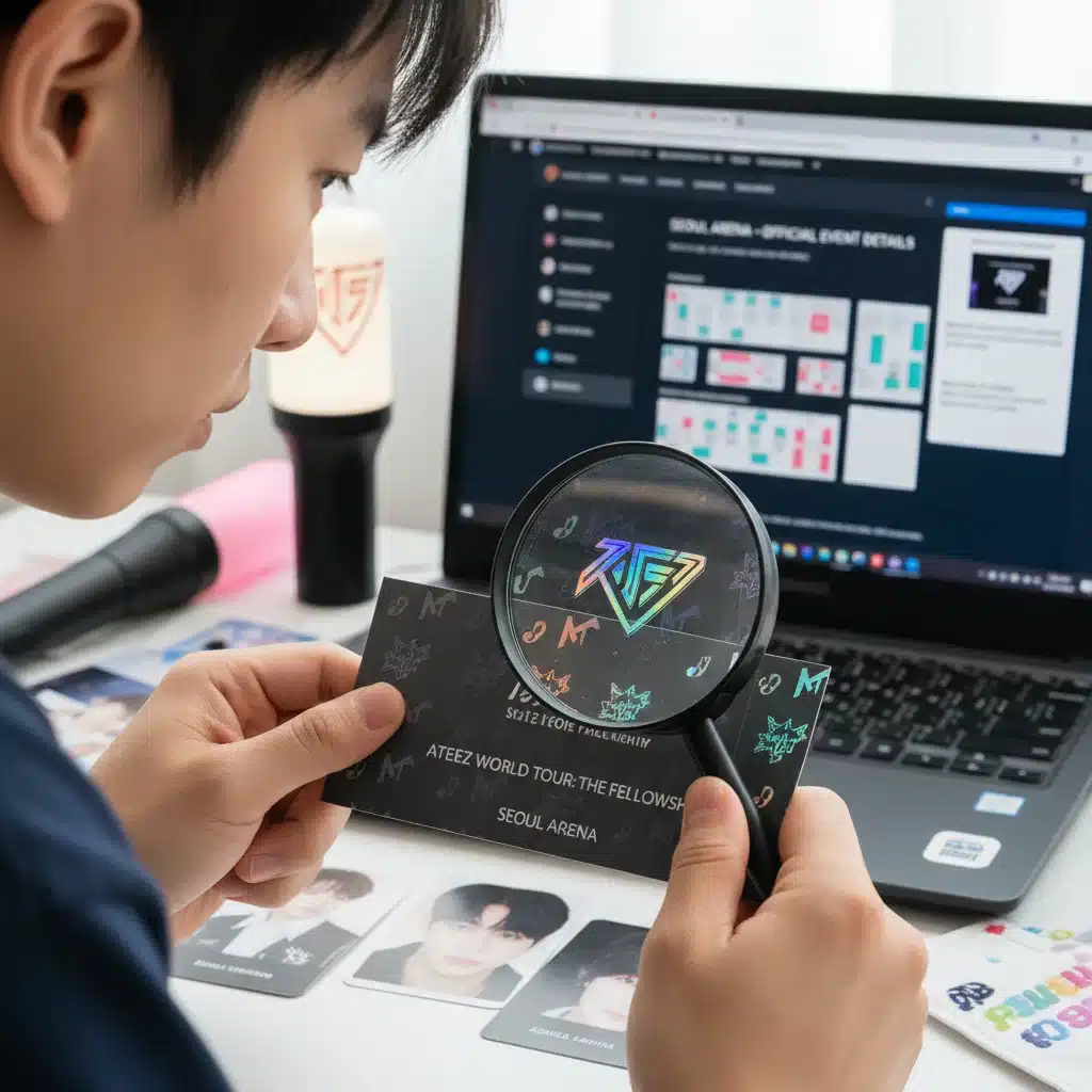 Person verifying security features on a K-Pop concert ticket
