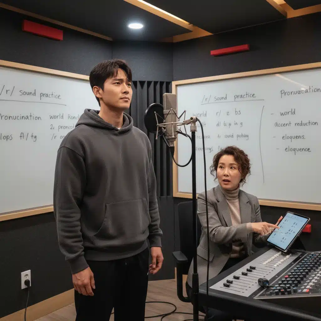 K-Drama actor practicing vocal exercises and English pronunciation with a coach.